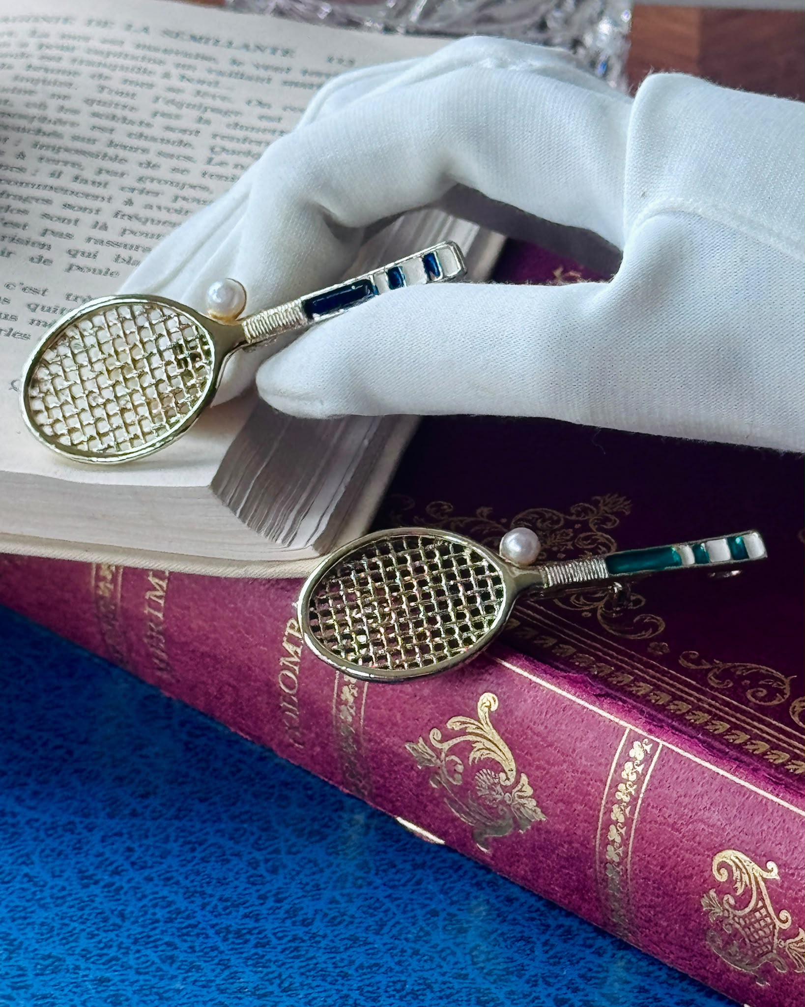 A Pair of C.a. 1970s Gerry's Tennis Racket Brooches/Pendants with Pearl Tennis Ball (MT2605)
