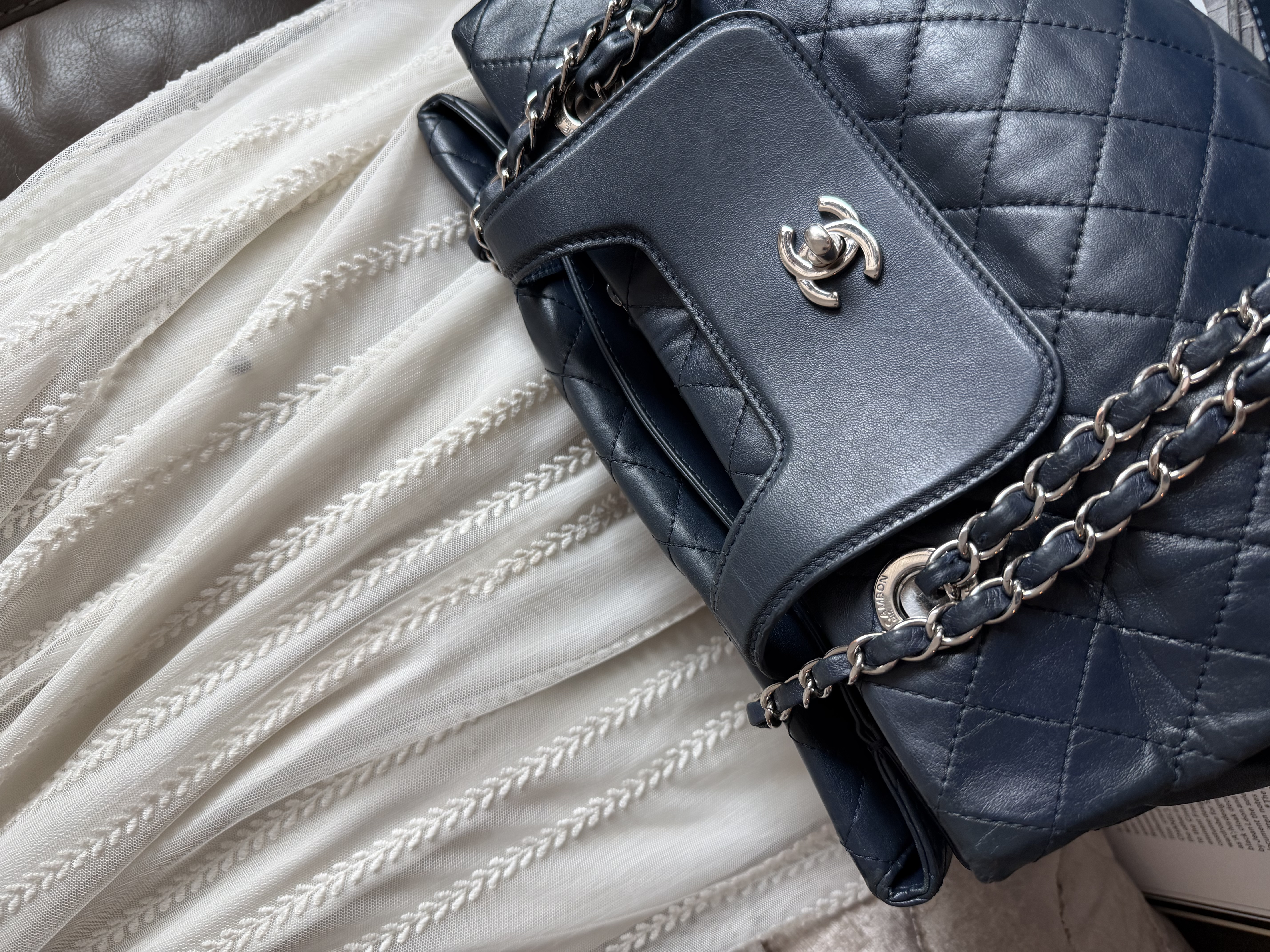 Chanel quilted matelasse navy leather chain bag