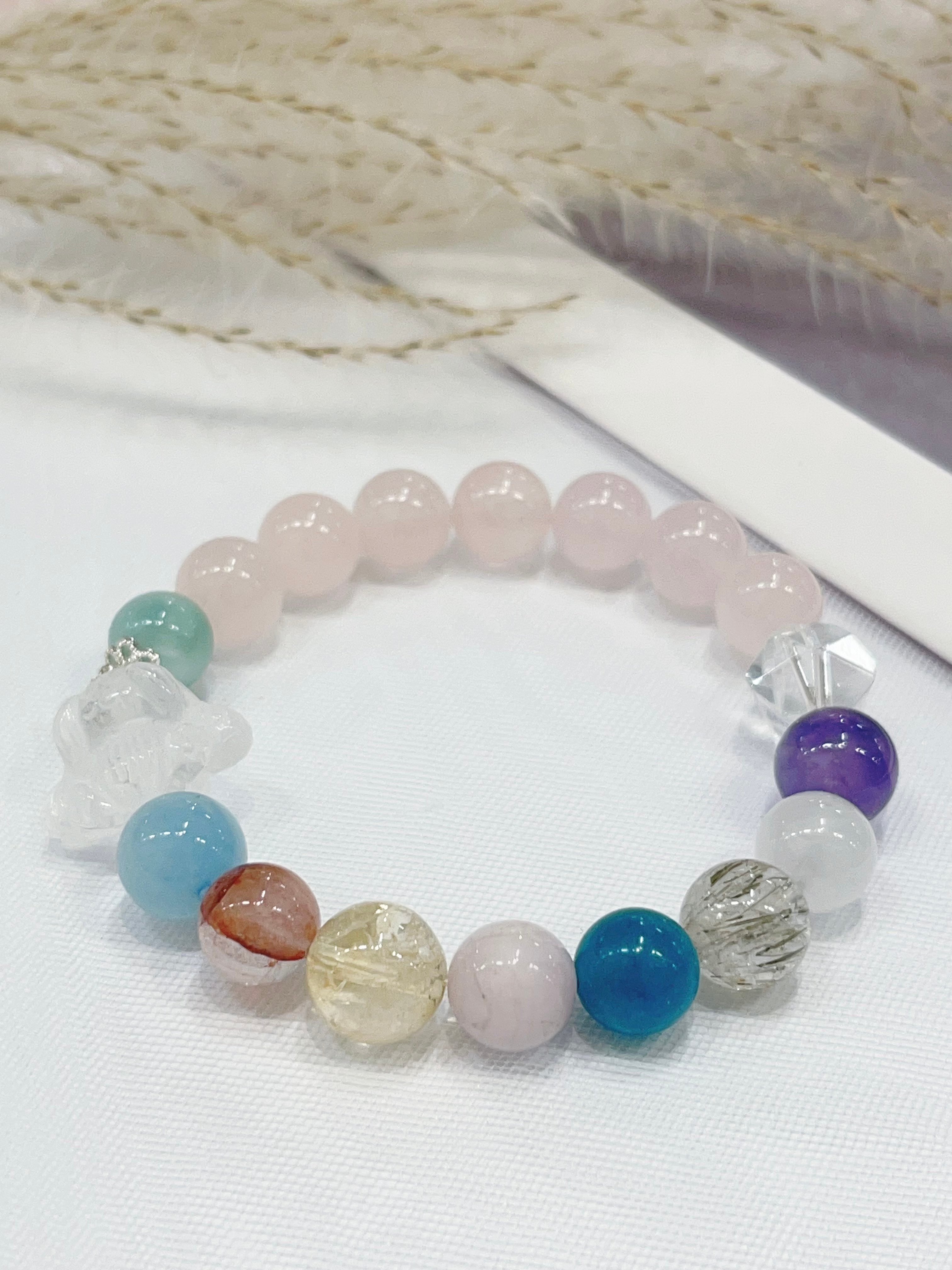 🐰 遮眼大耳兔 × 粉水晶 × 多宝水晶手串  Clear Quartz Bunny & Rose Quartz & Mixed Crystals｜10mm