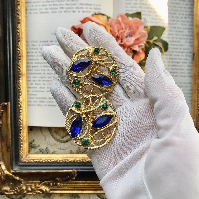 1980s Blue & Green Glass Stone Motif Pattern Statement Clip Earrings（MT1877-2）