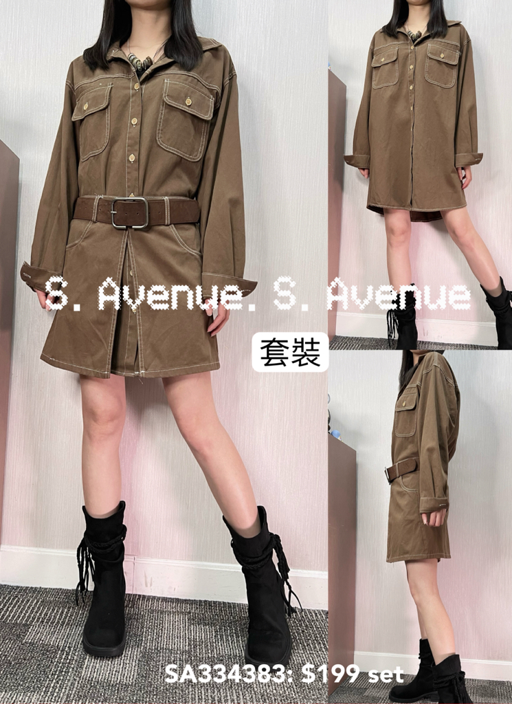 SA334383: 長袖有領長身shirt配開叉短裙