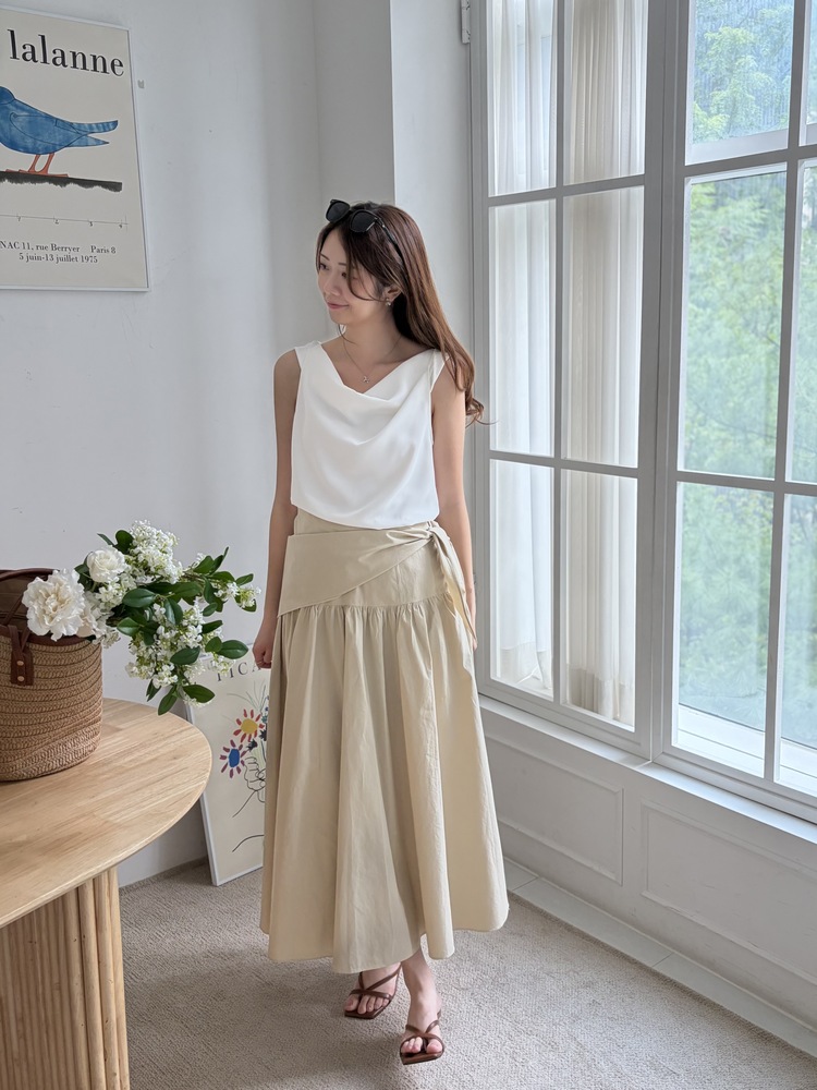 Wrap-Waist Flare Skirt (Beige)