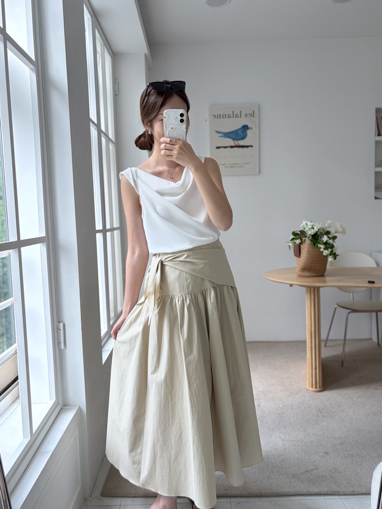 Wrap-Waist Flare Skirt (Beige)