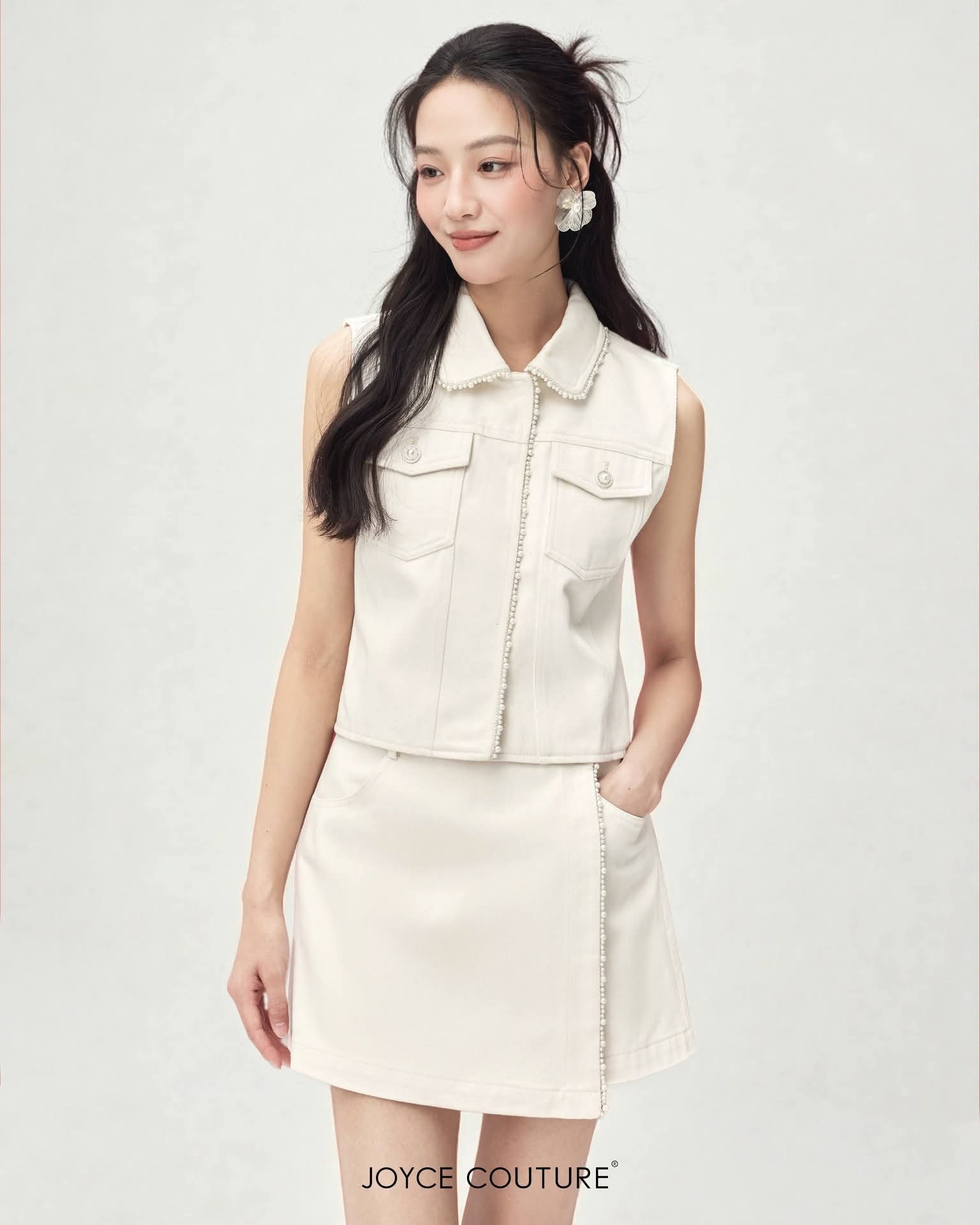 珍珠点缀套装牛仔裤裙 S0098