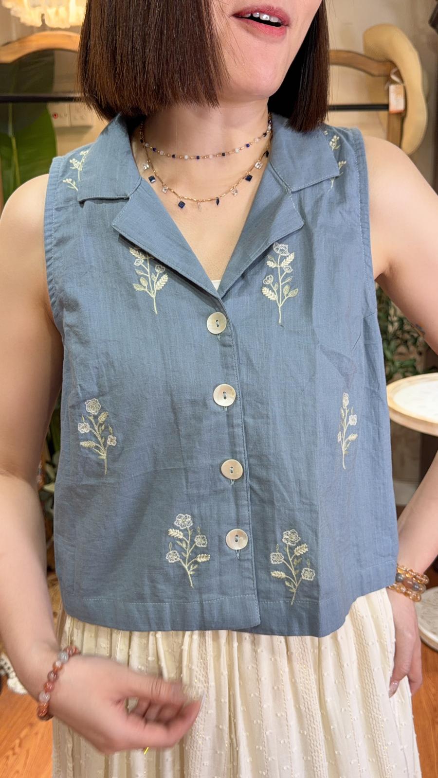 2490 Light Blue Flower Emb. 2 Way Vest