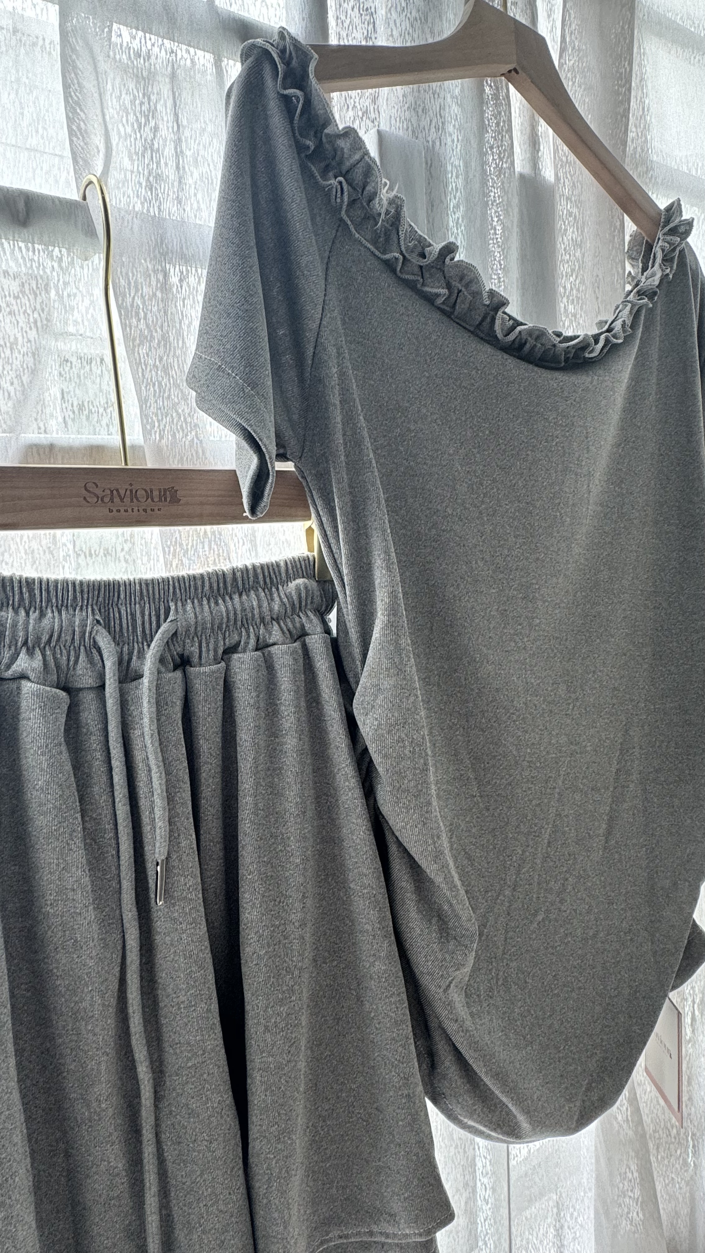 韩系花边一字肩短袖套装｜CN063080GREY