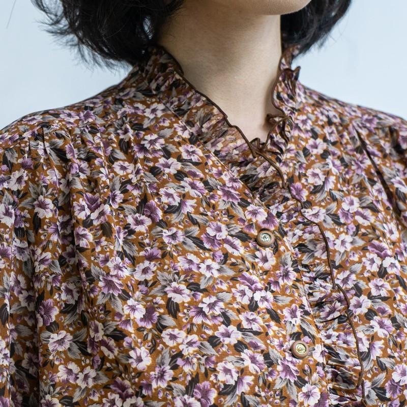 Vintage Japanese Tokyo Otsuki Floral Pattern Ruffle Edged Chiffon Long Sleeve Dress(MT1840-37)