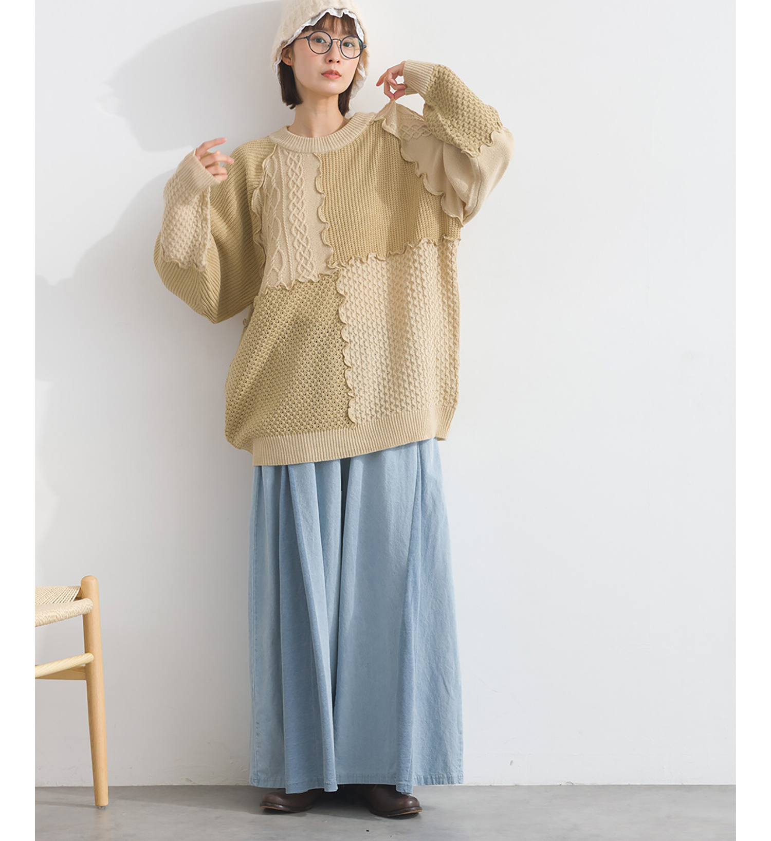 LP - 木耳邊拼貼冷織毛衣 (杏色)