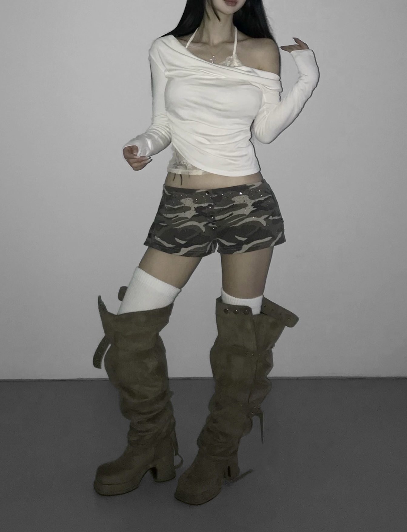 Waffle Knit Rhinestone Camo Shorts