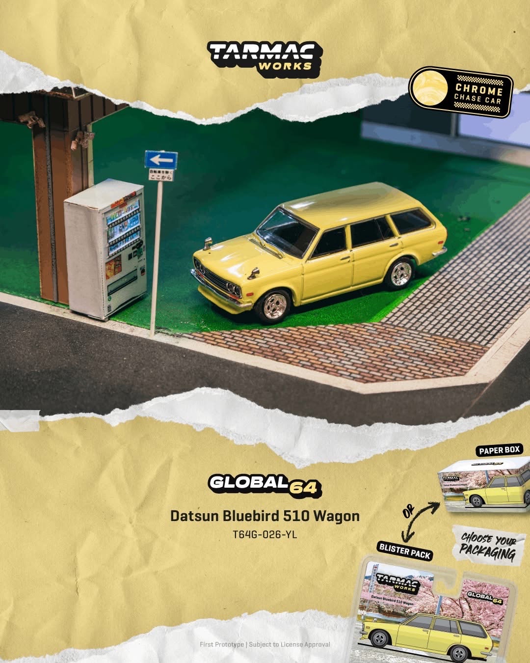 (預訂 Pre Order) Tarmac Works  ( T64G-026-YL ) Datsun Bluebird 510 Wagon Yellow