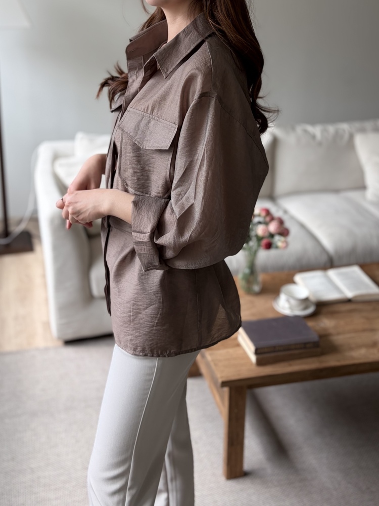 Feminine Belted Pocket Blouse (Brown)