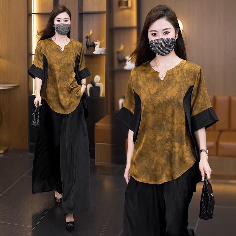 B207(2560) 新中式气质洋气国风染撞色卷边袖黄上衣与黑长裤套装