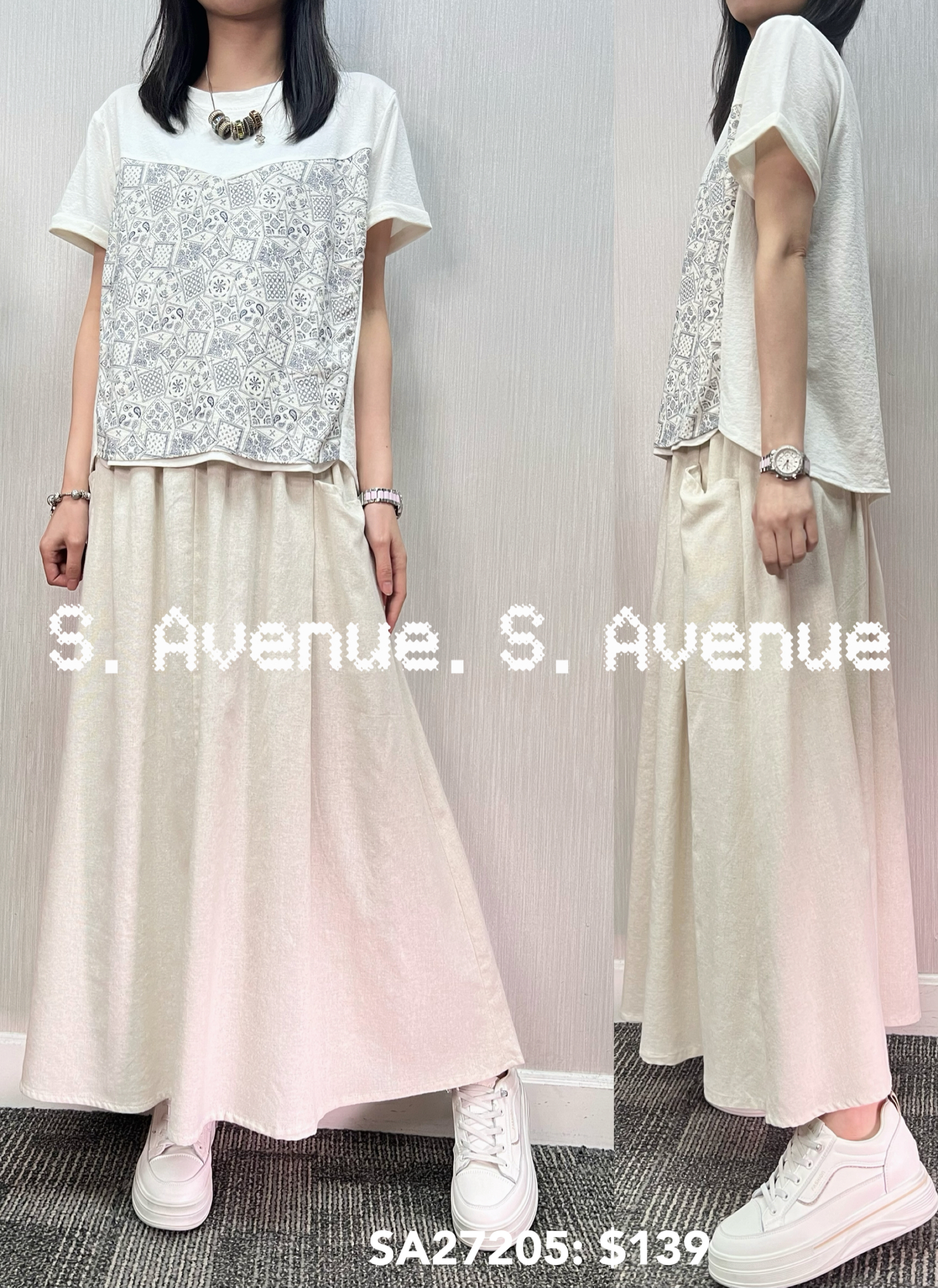 SA27205: 短袖拼復古花圖案tee