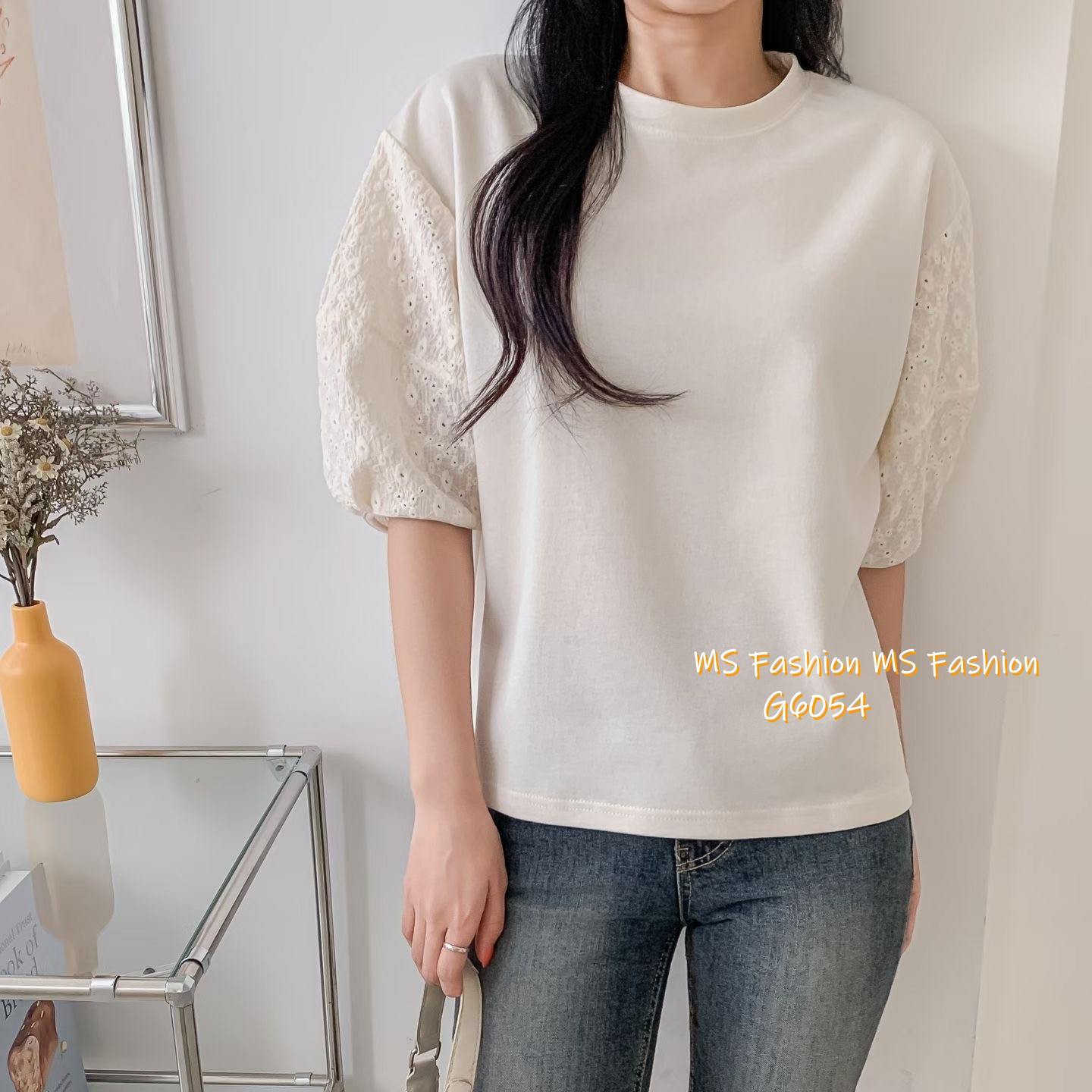 G6054 韓國🇰🇷通花泡泡袖top