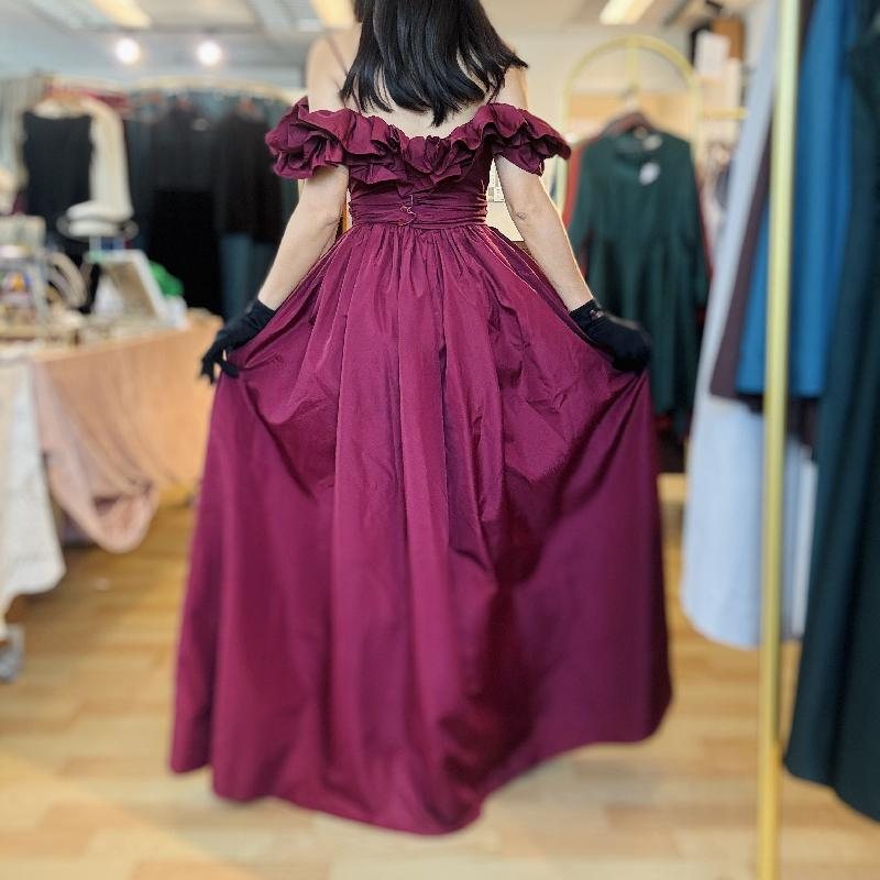 Vintage 1980s Wine Red Ruffle Off-Shoulder Evening Gown / Cocktail Dress (MT2568)