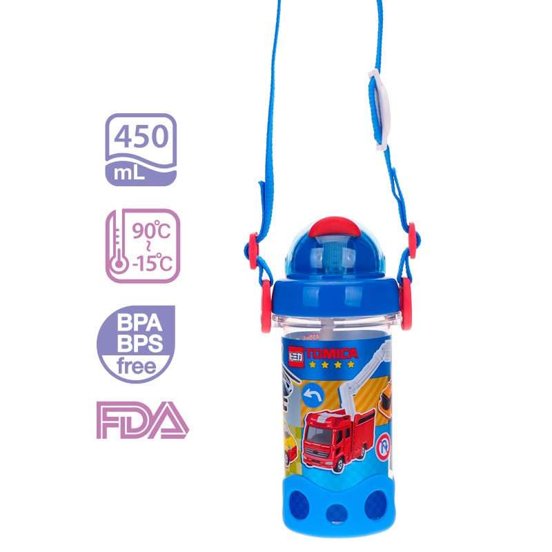 Tomica 450ml BPA & BPS Free Water Bottle w/ Straw & Neck Strap 膠水樽連飲管及頸繩