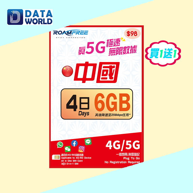 【買1送1優惠】Roamfree X 3HK 4G/5G 中國內地4日6GB無限數據卡 x2