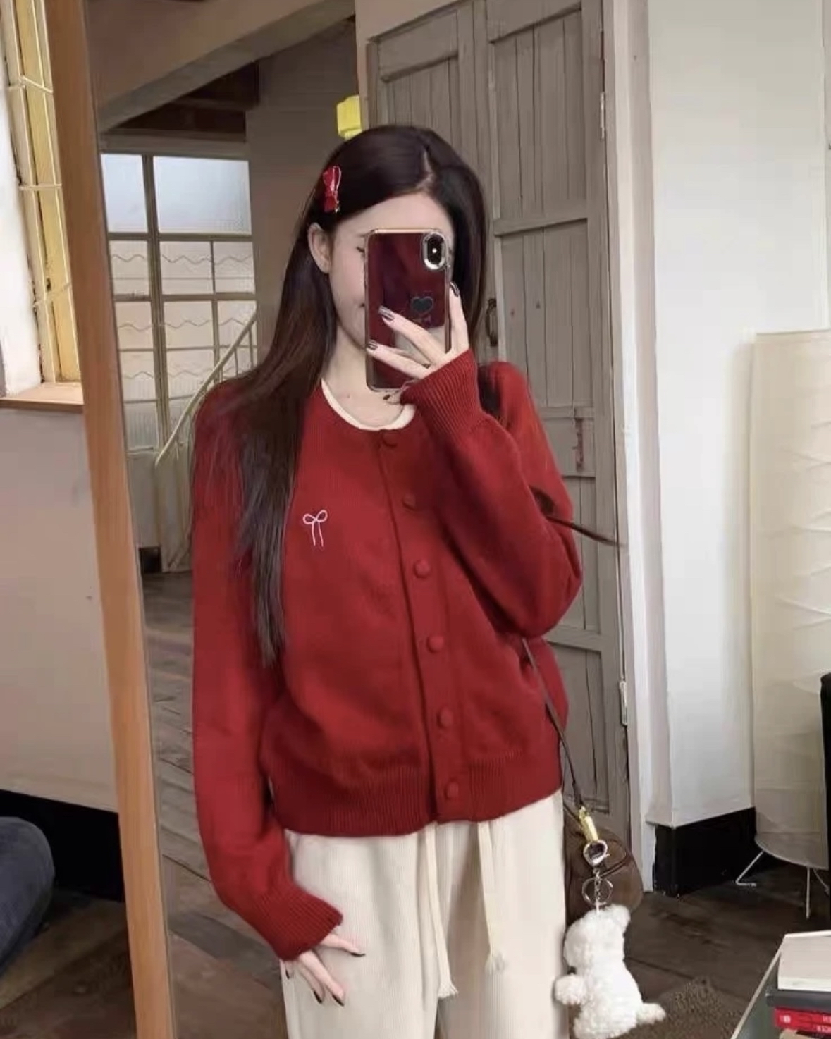 TP452高领红色毛衣假两件