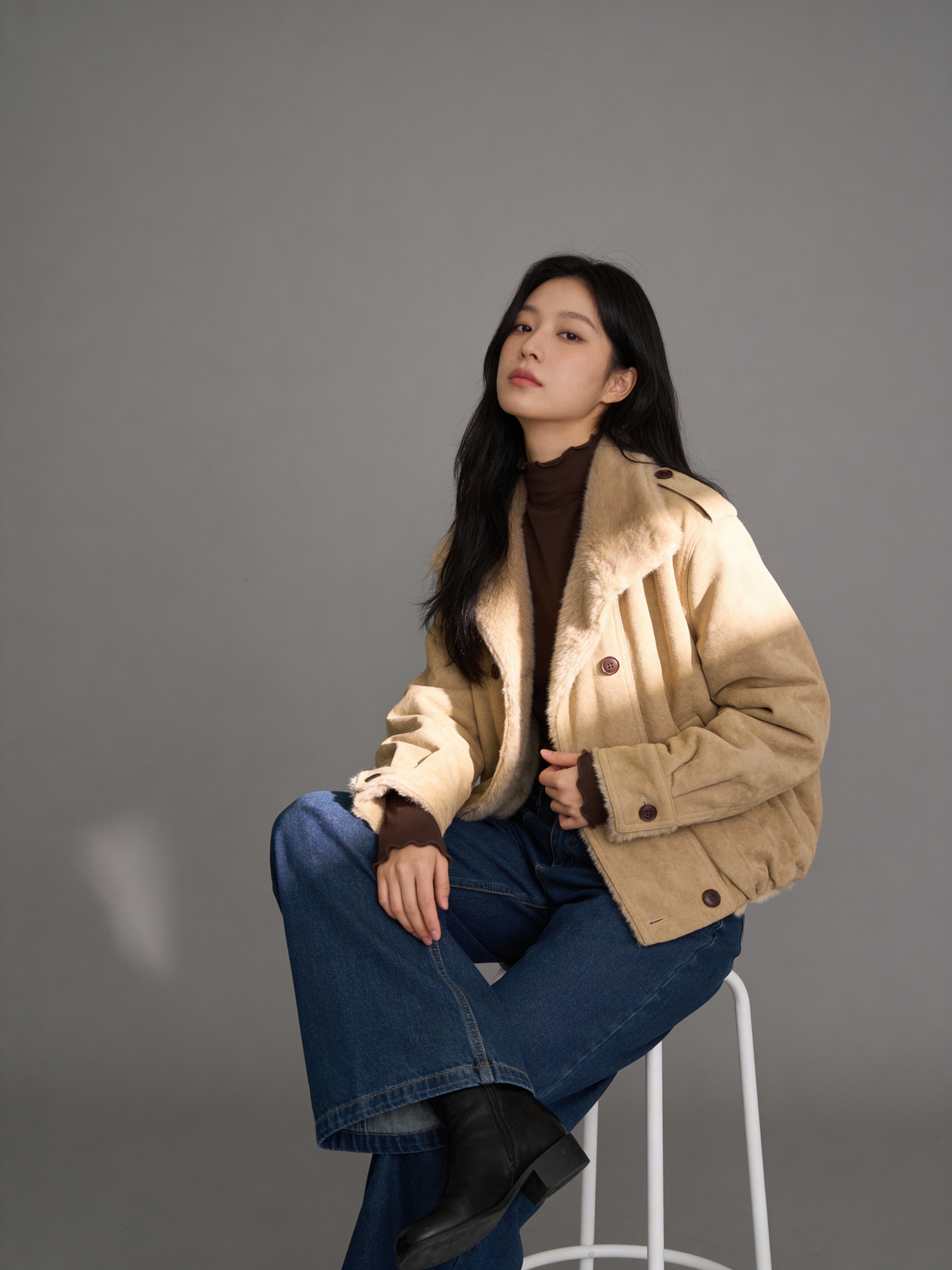 麂皮毛領短版飛行夾克