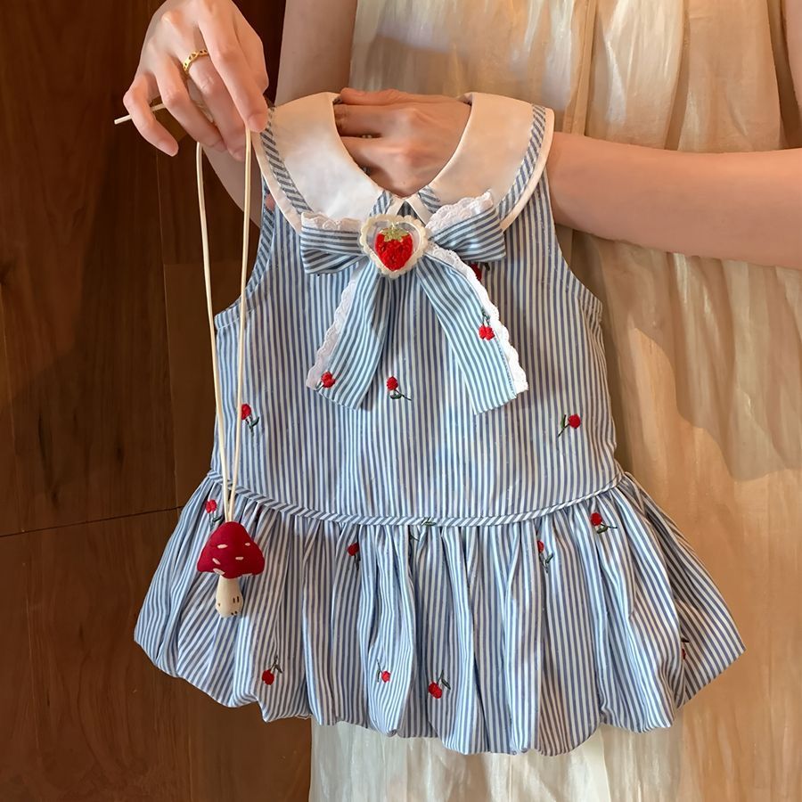 Striped Strawberry Bowknot Dress with Mushroom Necklace