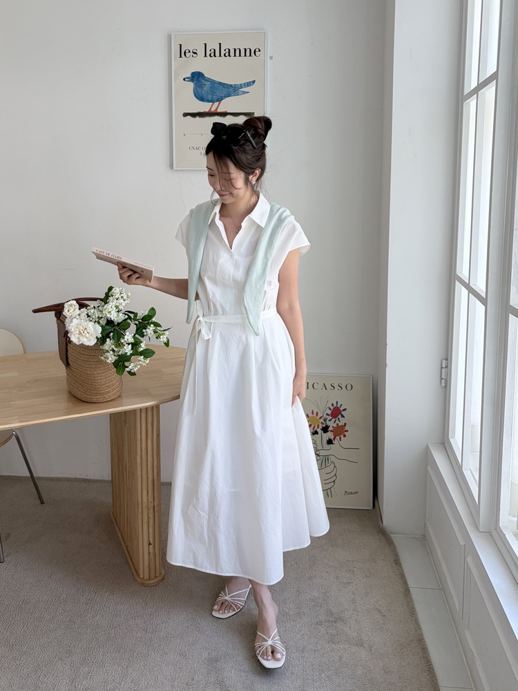 Elasticated Waist Shirt Dress (White)