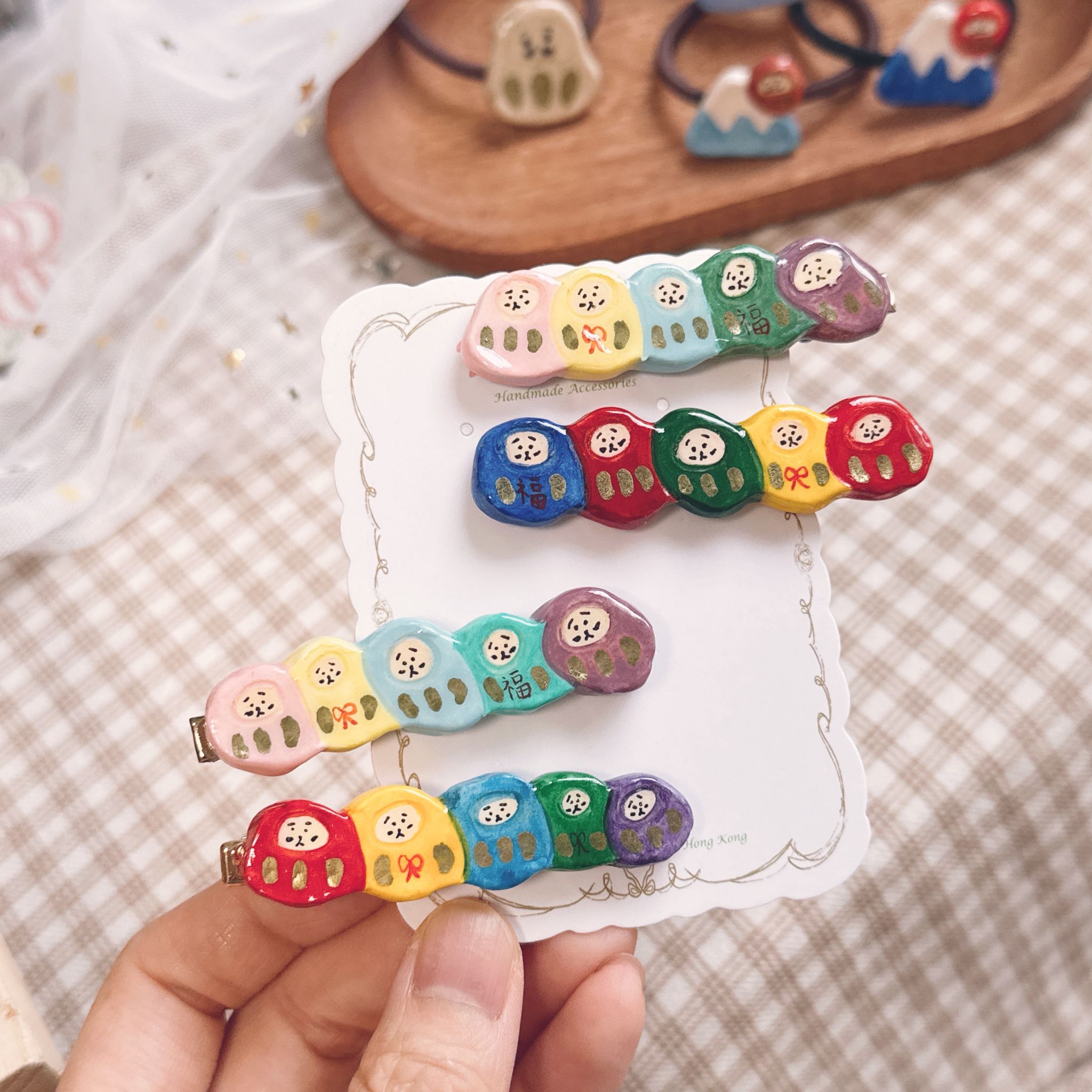 手繪五福達摩髮夾 （新-糖果色）