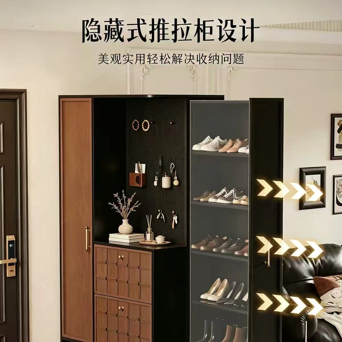 法式復古棋盤格鞋櫃入戶玄關櫃一體可抽拉鞋櫃屏風櫃門廳隔斷櫃 Shoe cabinet