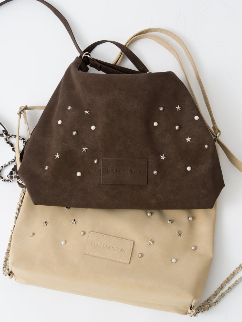 【✨️日本🇯🇵 MELLOWNEON 3 way studded bag 復古絨面窩釘袋✨️】【共2色：奶茶杏色/焦糖棕色】