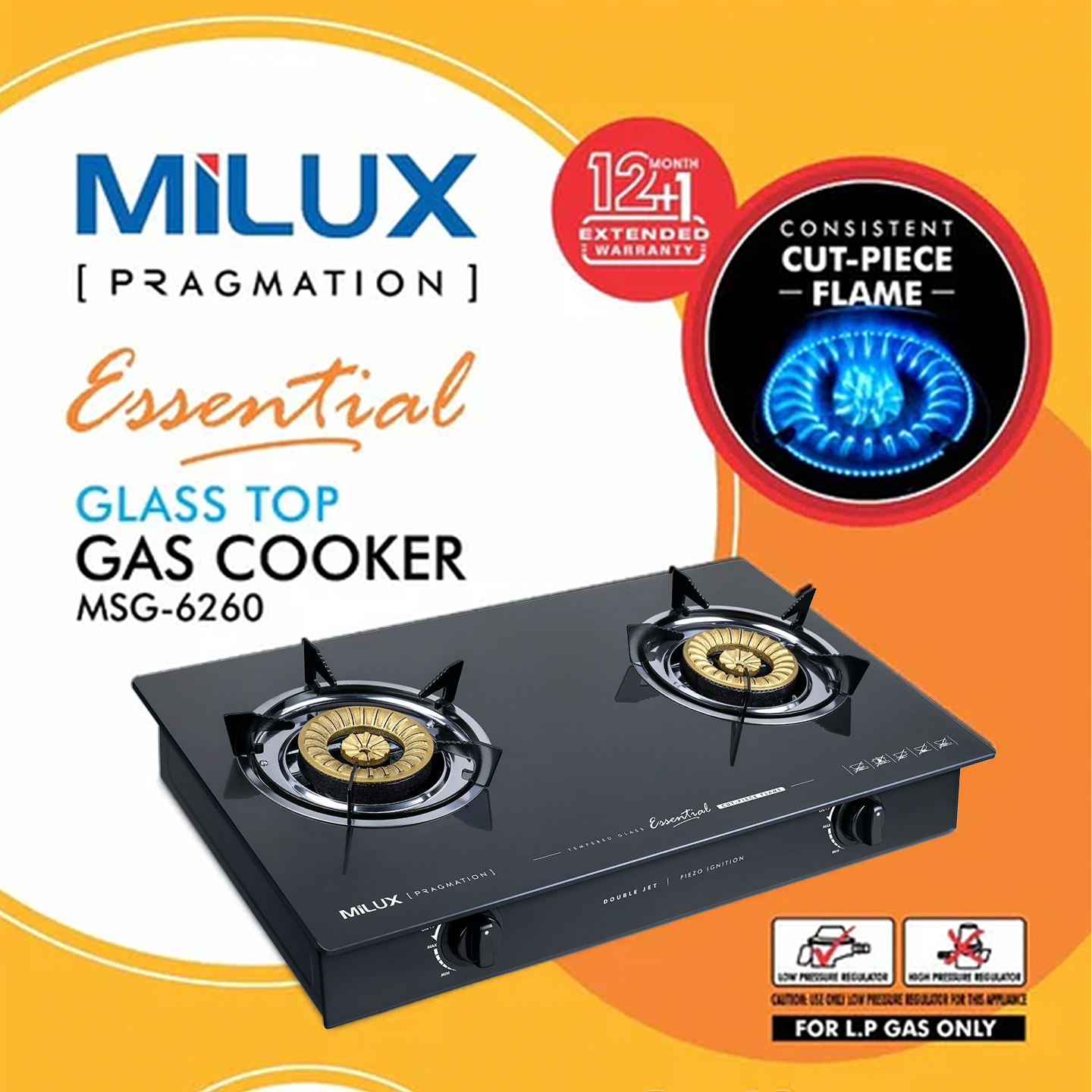 Milux Tempered Glass Double Burner Gas Cooker (MSG-6260)