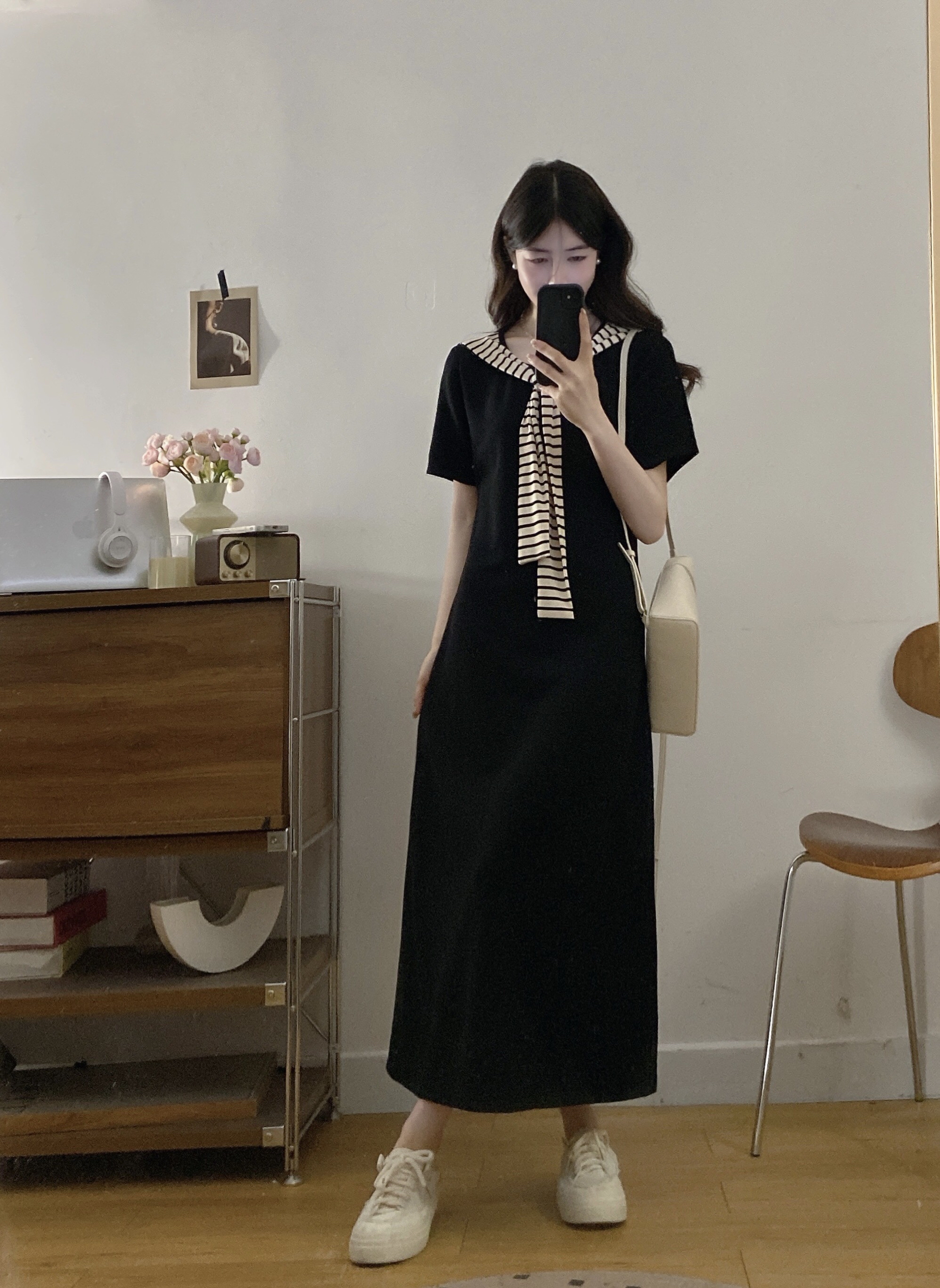 B76(3101长) 长款韩系气质时尚拼接条纹披肩领黑连身裙