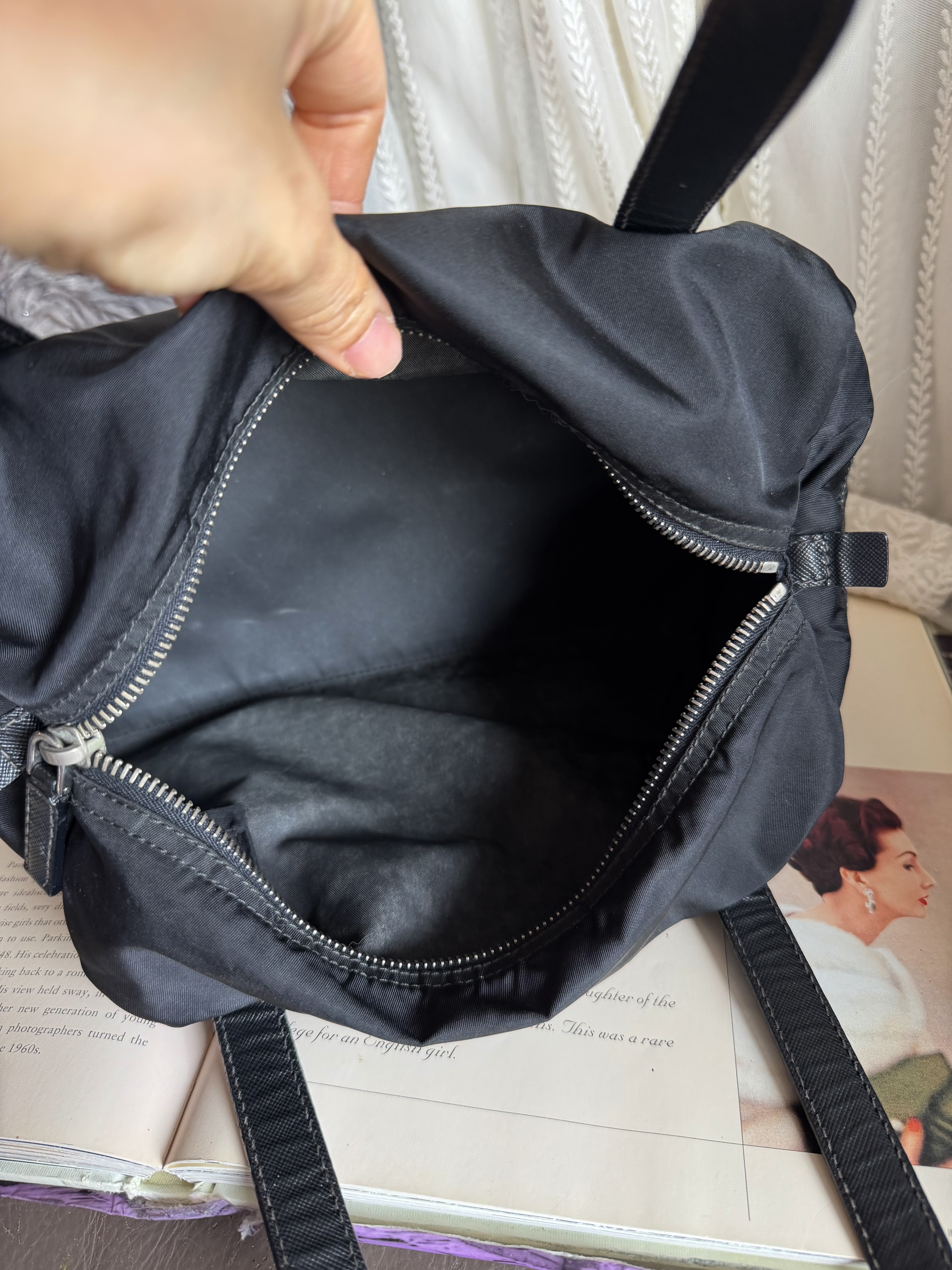 Prada black nylon / leather shoulder tote bag