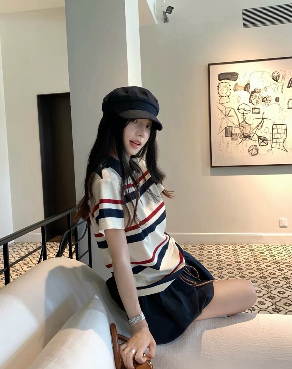学姐Polo领条纹POLO衫+蓬蓬半身裙两件套套装 Striped T-shirt and Skirt Set