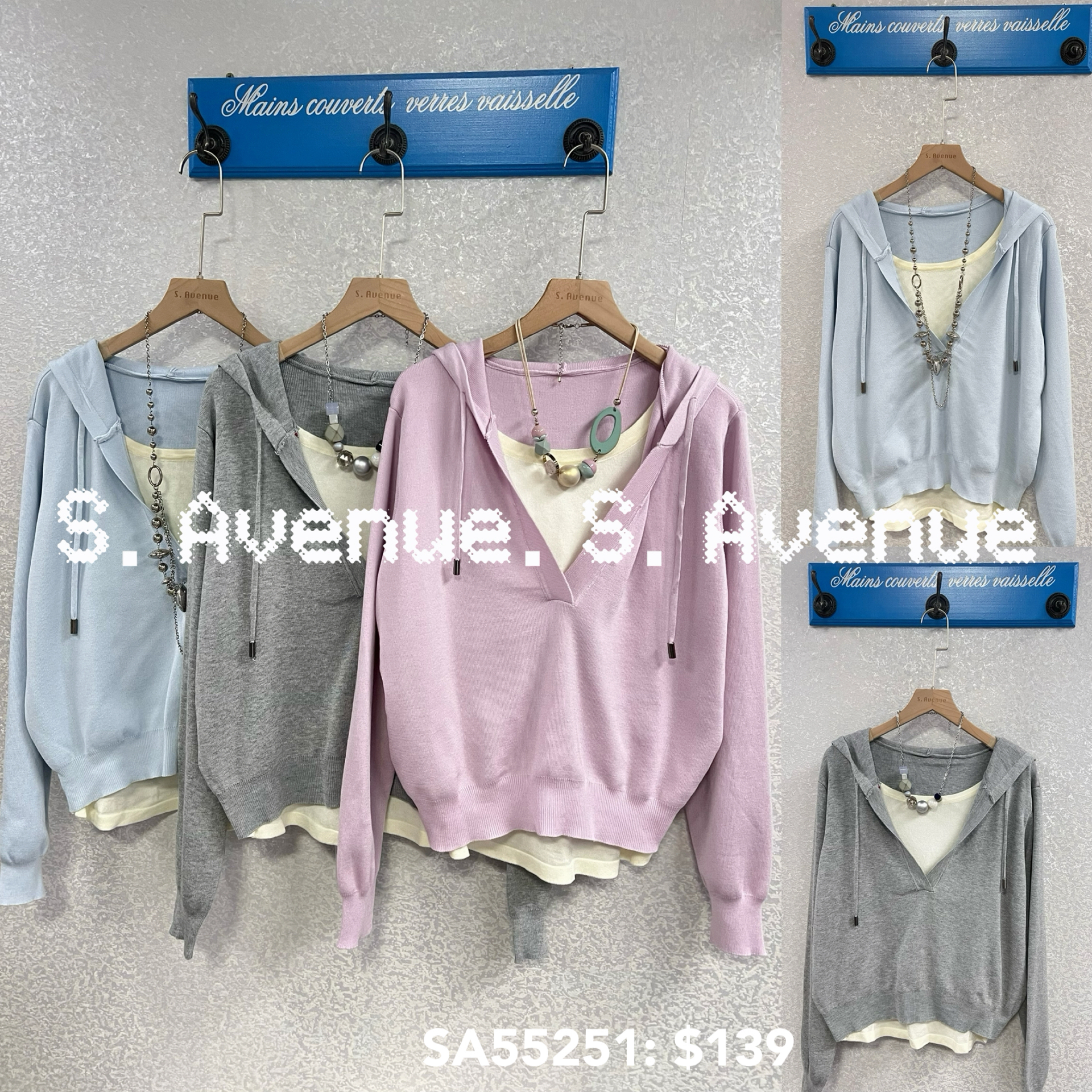 SA55251: 長袖有帽假兩件線top