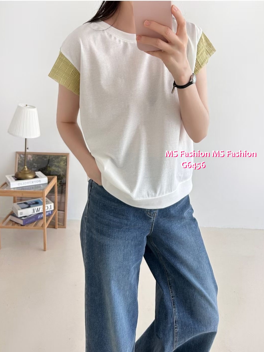 G6456 拼網格袖top