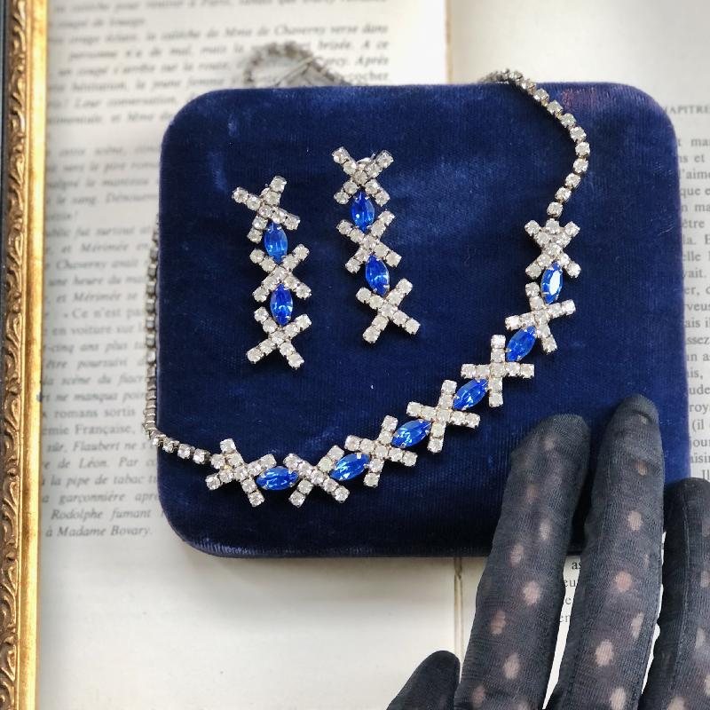 C.a. 1950s Cross Motif Sapphire Blue and Clear Rhinestone Cocktail Jewelry Set - Pierce Earrings and Necklace (MT1407)