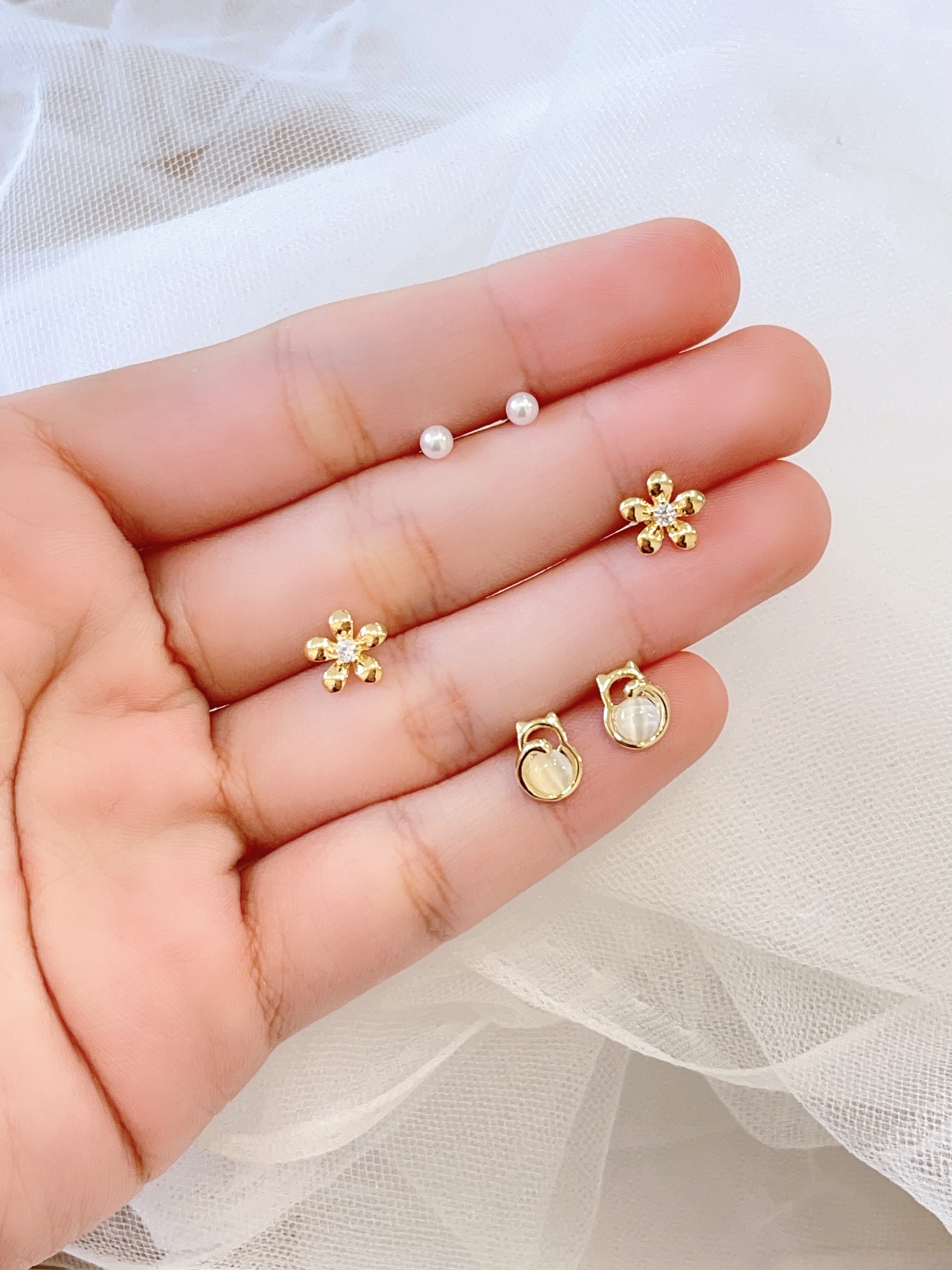 猫眼石小猫花朵耳环套装