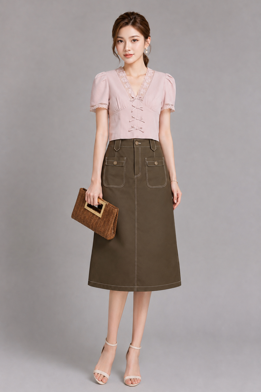 2209 Contrast Stitch Utility Denim Midi Skirt