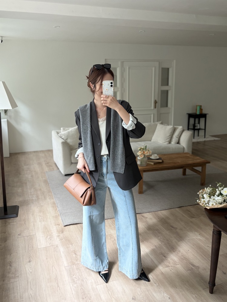 Margot Blazer with Striped Cuffs (Charcoal)