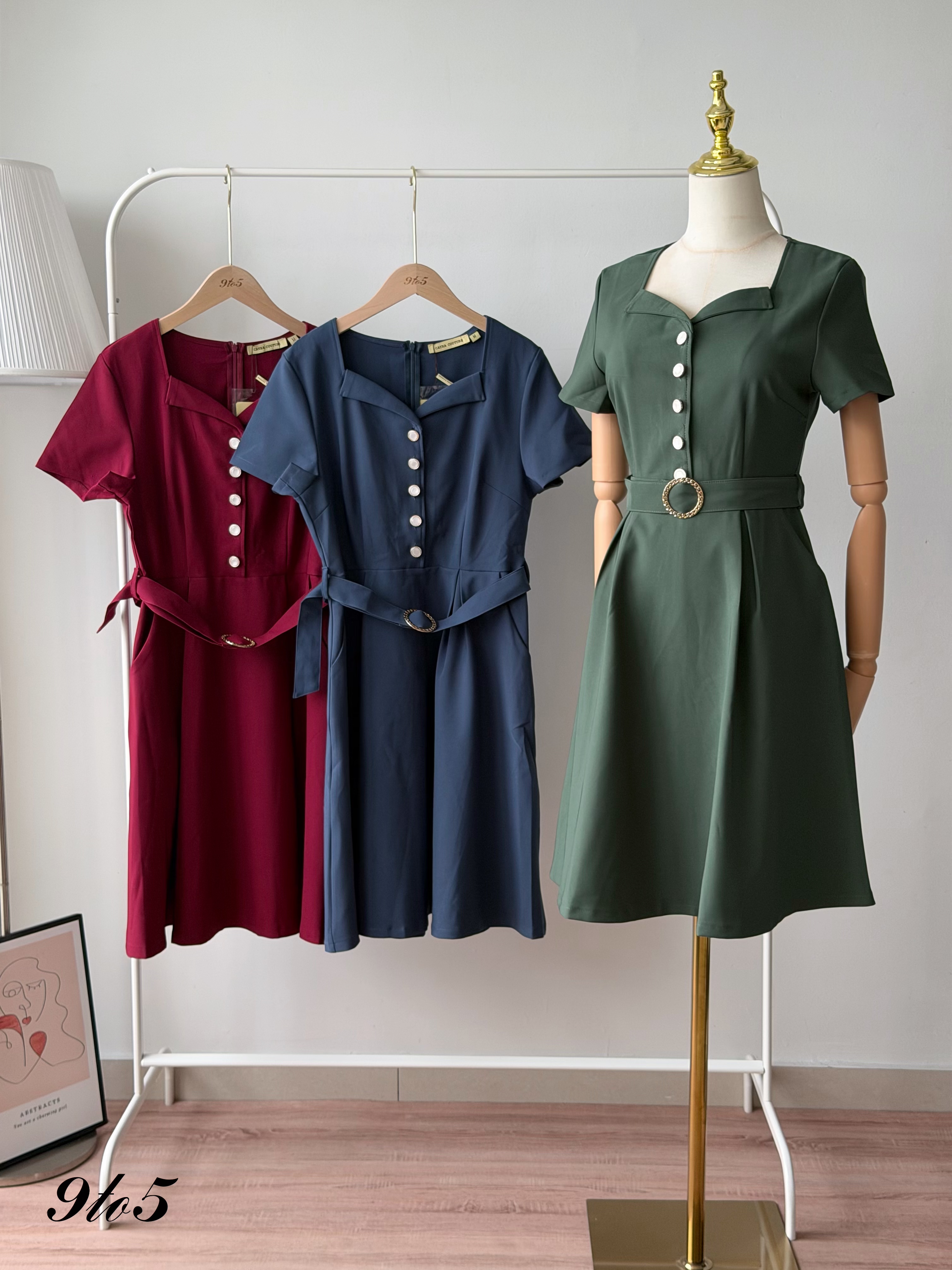 D2382 Sweetheart Collar Midi Dress - 3 Colors 