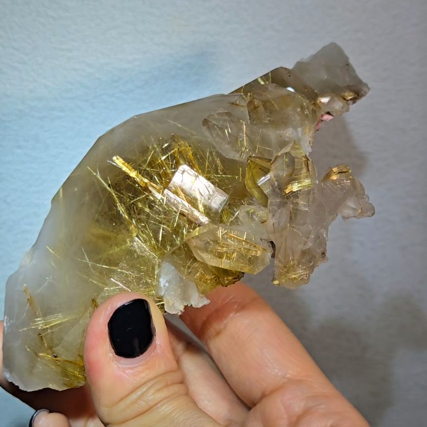 Golden titanium rutiles on black hematite in quartz cluster - RT1443