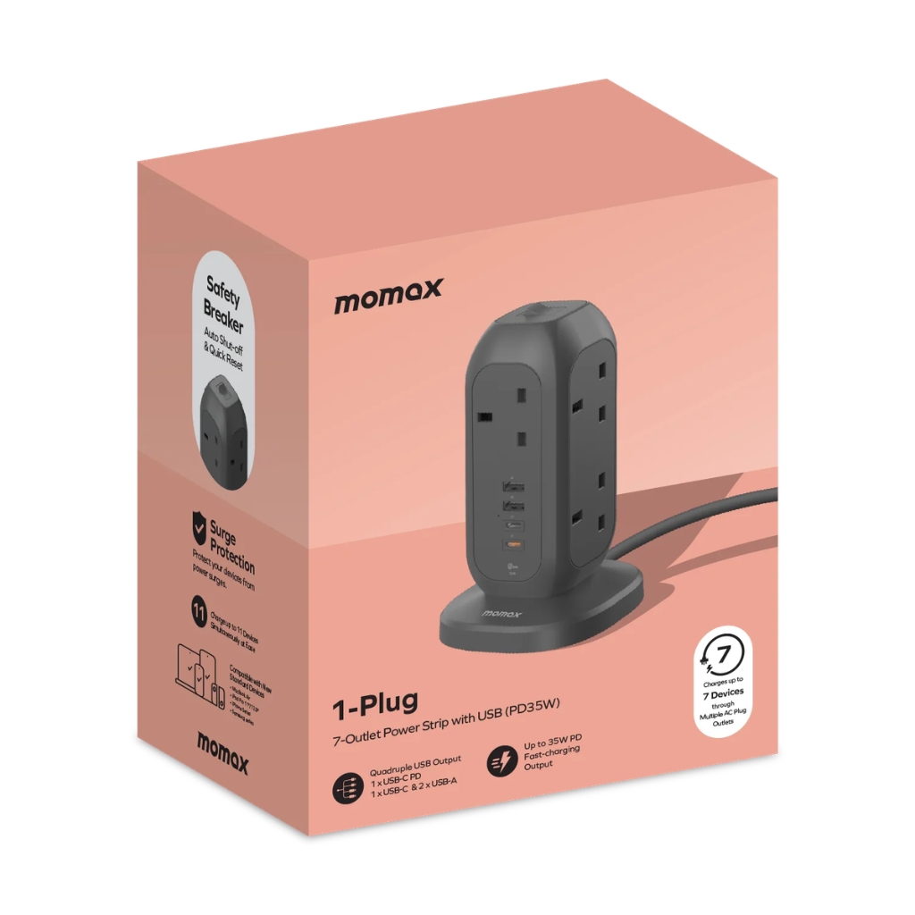 MOMAX 1‑Plug PD35W 7位拖板 US18A｜PD 快充・7 插位・過載保護・家居/辦公必備拖板｜香港行貨