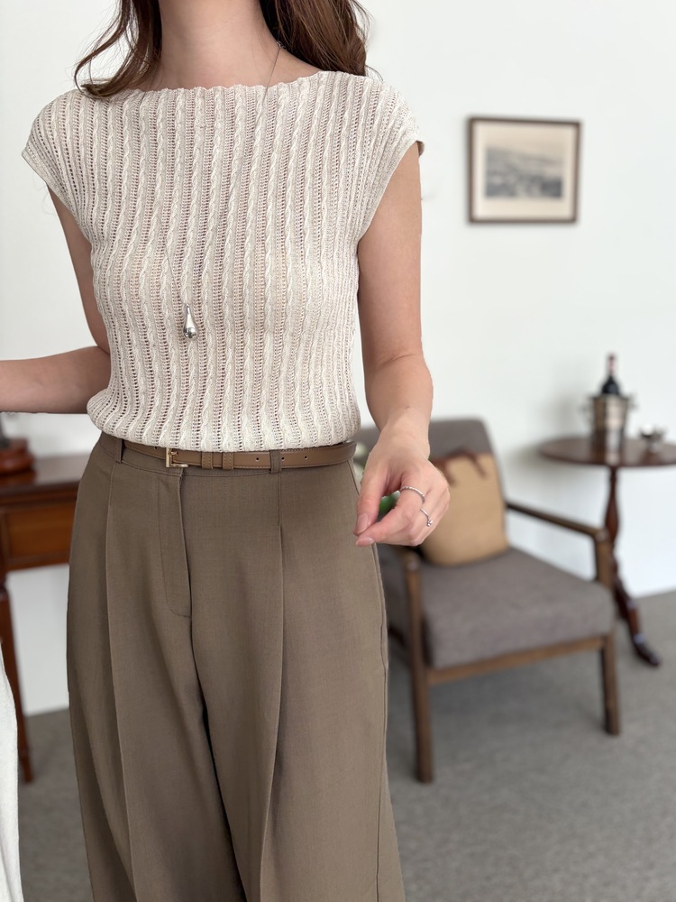 Crochet Boat Neck Knit Top (Oat)