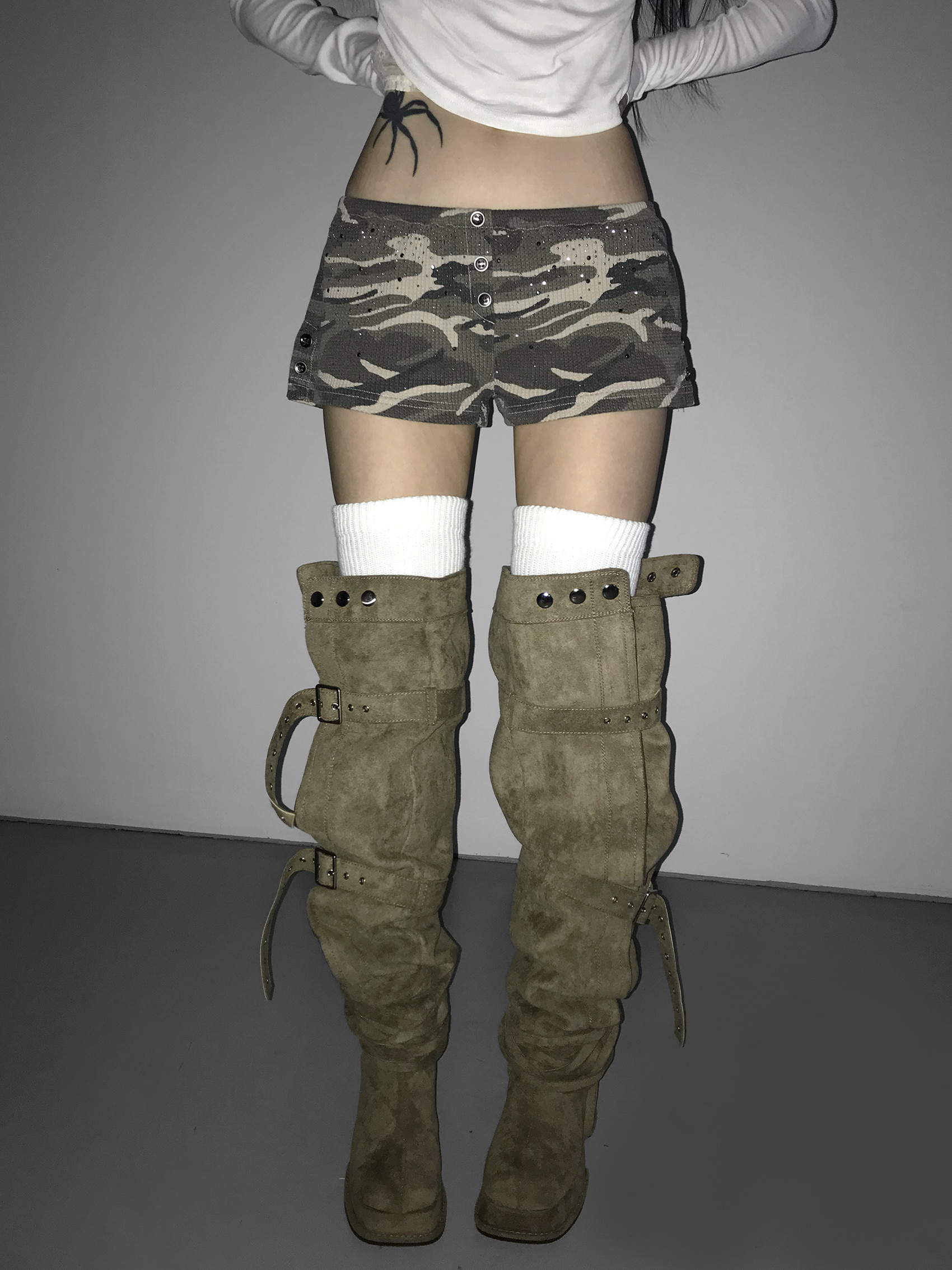 Waffle Knit Rhinestone Camo Shorts