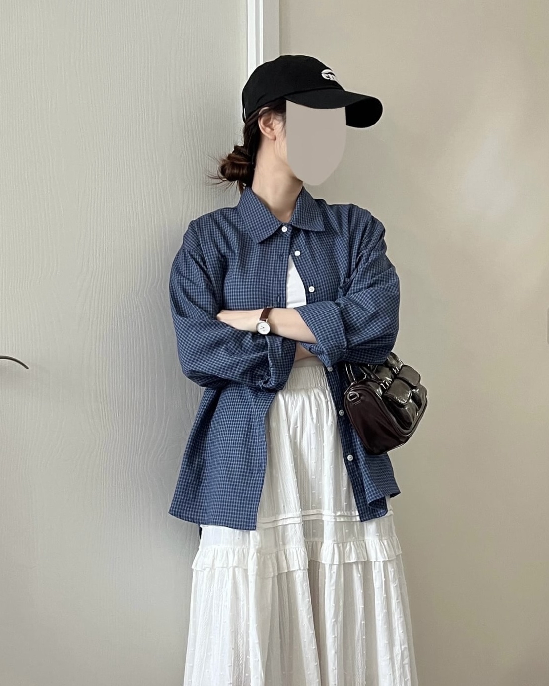 韓風細格紋薄恤衫 