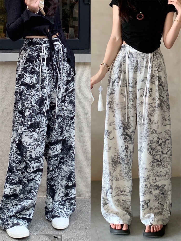 B319(66012) 新中式水墨风扎染前排盘扣流苏黑白直筒长裤