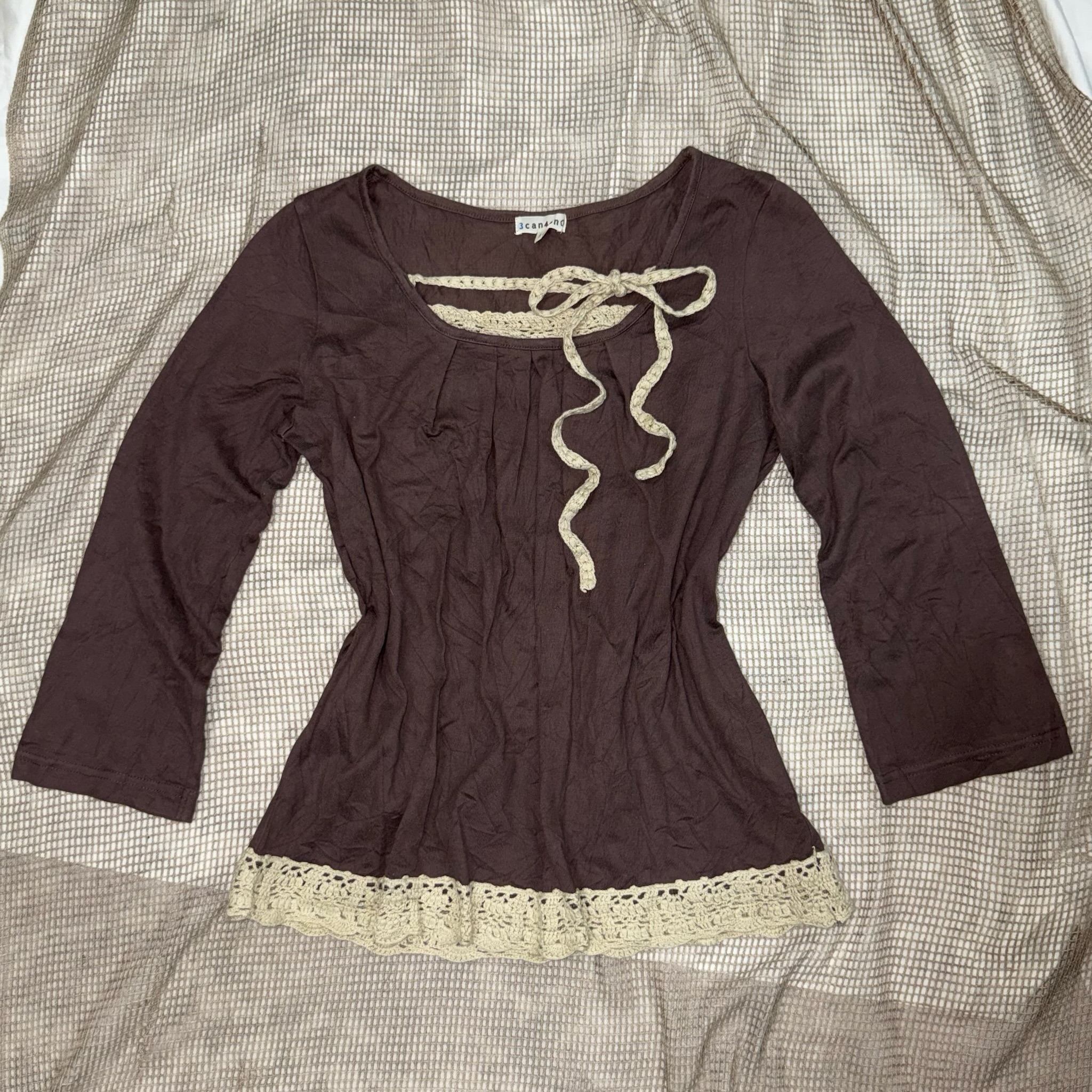 Brown Lace-Trim Long-Sleeved Top