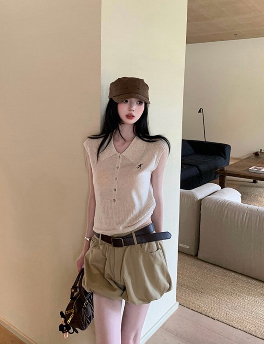 法式无袖Polo衫配复古花苞短裤套装 Women's Sleeveless Polo Shirt and Balloon Shorts Set