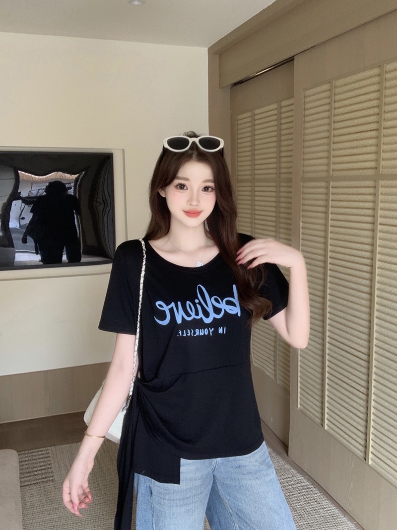 B311(24306) 韩版休闲风BELIEVE腰边穿带显瘦4色上衣