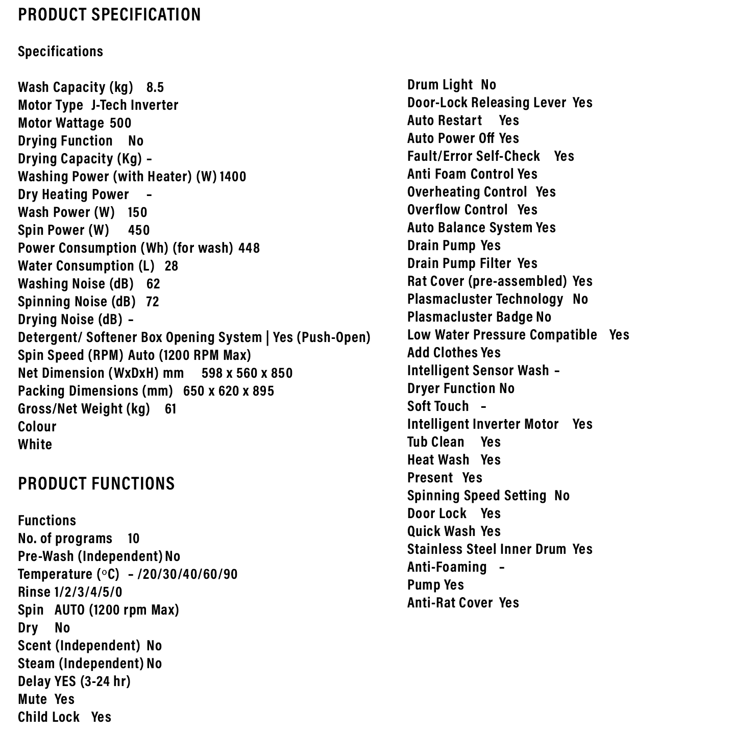 Sharp 8.5kg J-Tech Inverter Front Load Washer (ESFK852EMW)