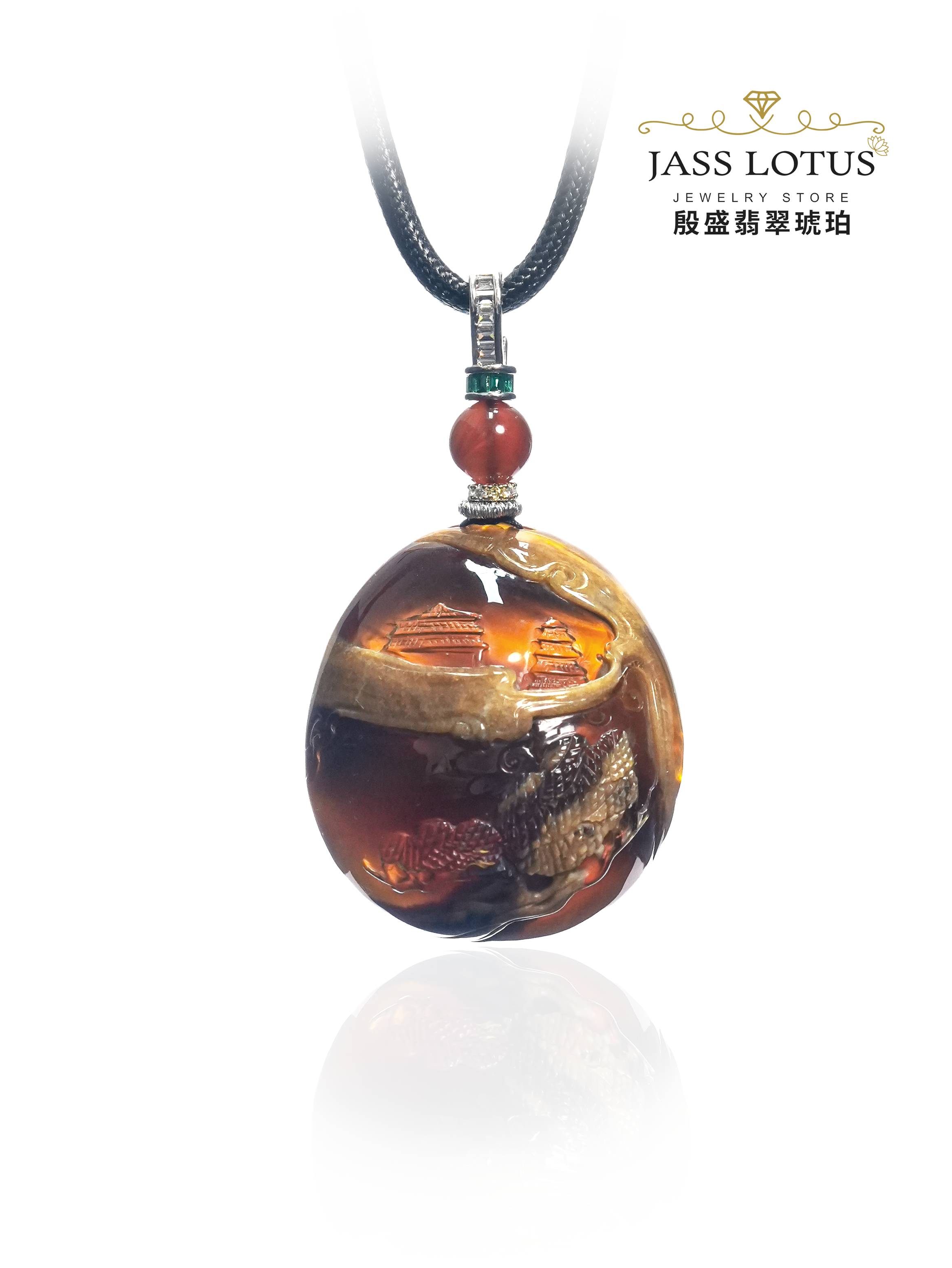 緬甸天然琥珀橘蜜溶洞珀山水牌吊墜